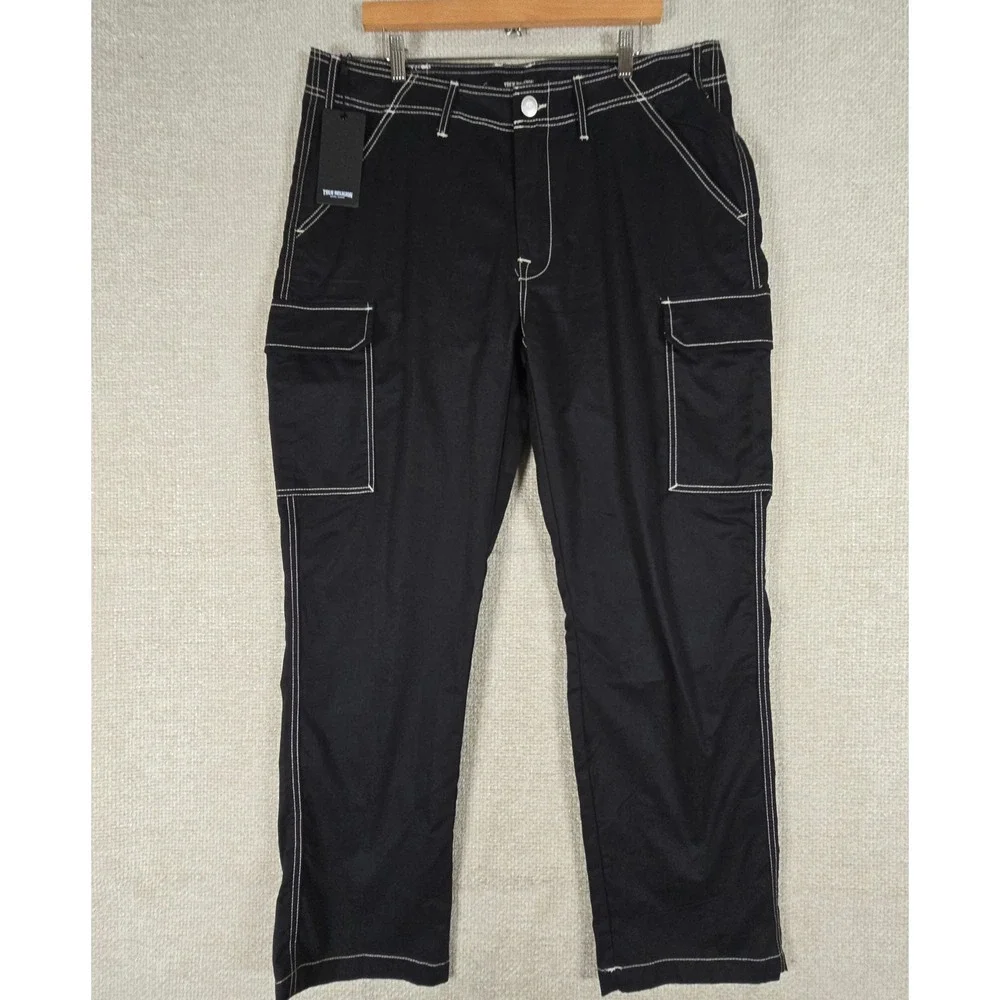 True Religion Mens Straight Ladder SN Cargo Pants Jet Black 701404 Size 36